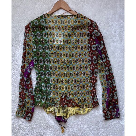 NWT Zara Multicolor Semi-Sheer Long Sleeve Tie Scarf Beaded Boho Printed Blouse - Picture 14 of 16